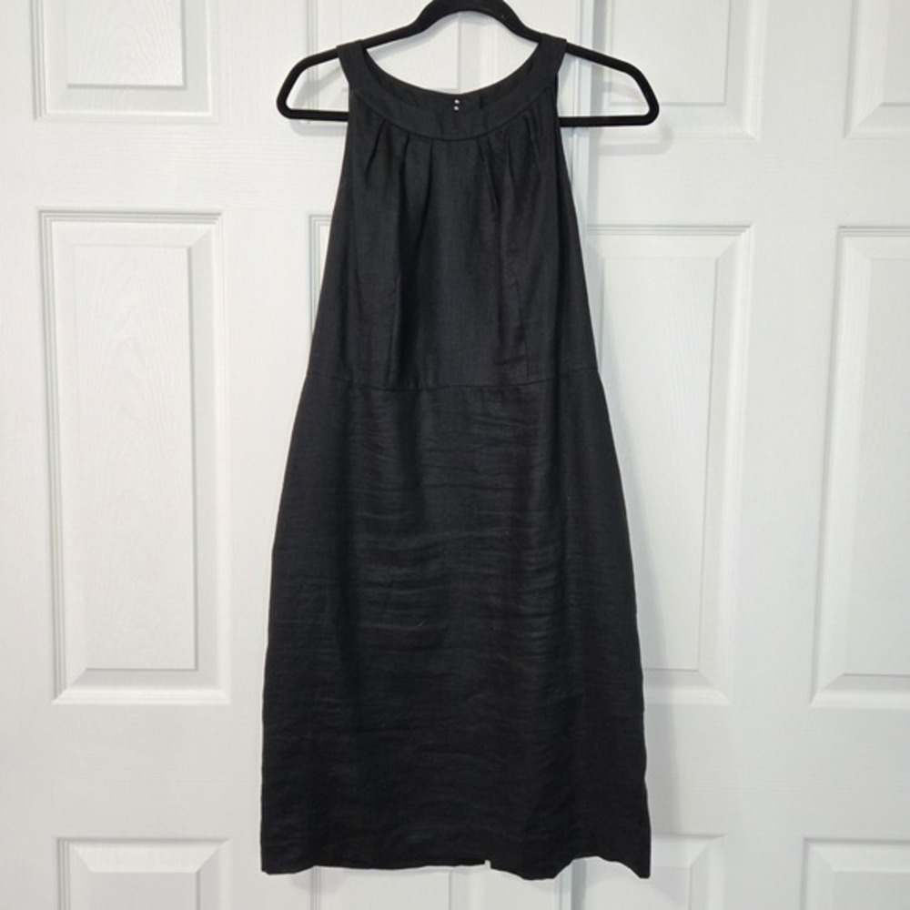 LOFT 8 Black Linen Blend Sleeveless High‎ Neck Pleated Sheath Dress Minimal LBD
